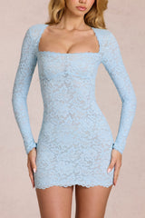 Scalloped-Lace Long-Sleeve Mini Dress in Powder Blue