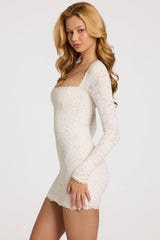 Scalloped-Lace Long-Sleeve Mini Dress in White