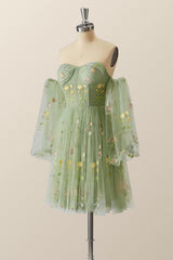 Green Floral Corset A-line Dress with Puff Sleeves