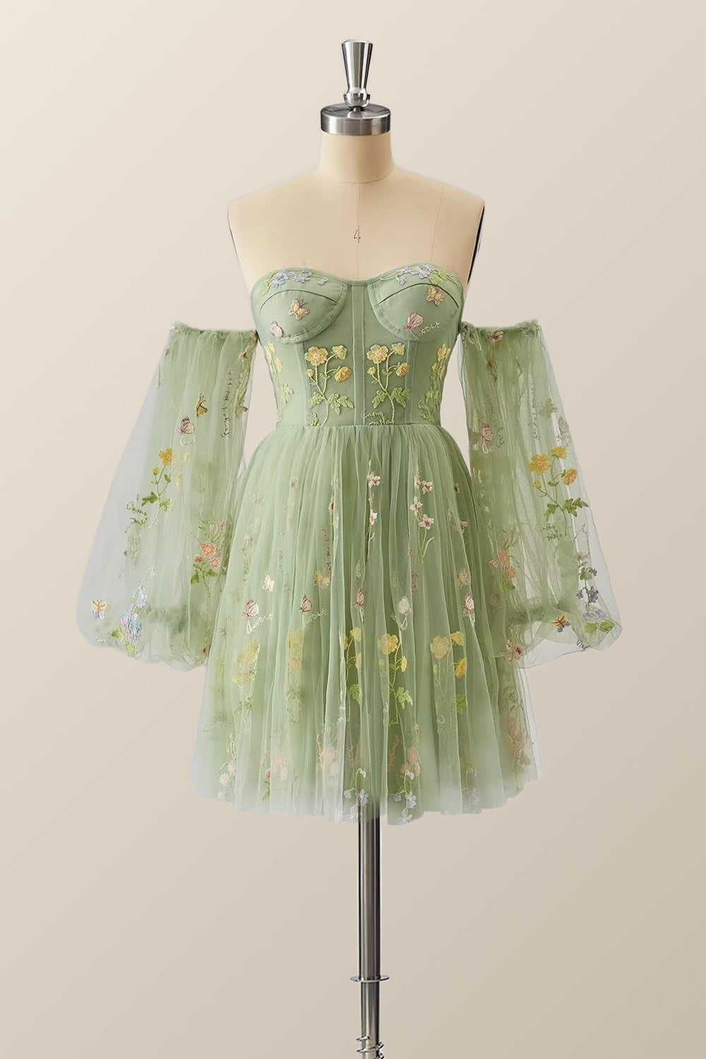 Green Floral Corset A-line Dress with Puff Sleeves