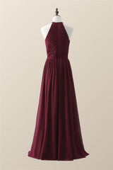 Halter Burgundy Pleated Long Bridesmaid Dress