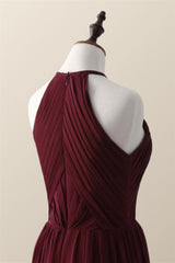 Halter Burgundy Pleated Long Bridesmaid Dress