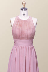 Halter Blush Pink Chiffon A-line Long Bridesmaid Dress