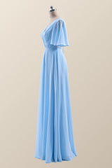Flare Sleeves Blue Chiffon A-line Long Bridesmaid Dress