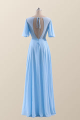 Flare Sleeves Blue Chiffon A-line Long Bridesmaid Dress
