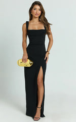 Donna Maxi Dress - Cowl Neck Column High Split Dress in Black