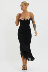Rose Garden Ruched Mesh Midi Dress Black