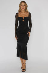 Nadia Long Sleeve Fishtail Midi Dress Black