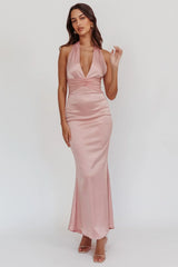 Italia Azure Pleat Bodice Halterneck Maxi Dress Blush