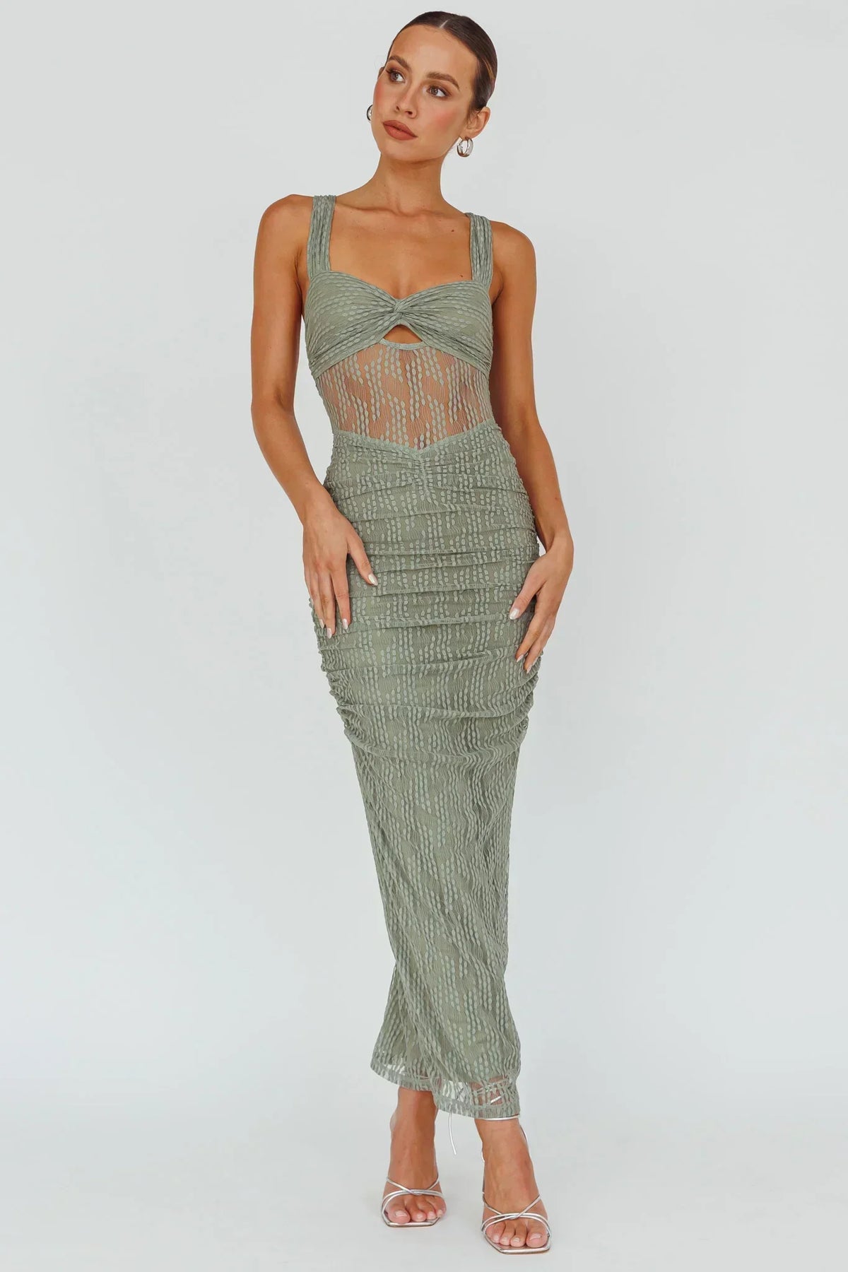 Oliana Embroidered Mesh Midi Dress Fern