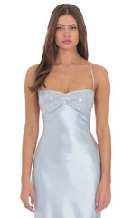 Sequin Bust Satin Maxi Dress in Light Blue