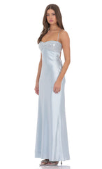 Sequin Bust Satin Maxi Dress in Light Blue