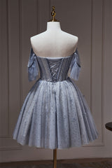 Grey Beaded Off the Shoulder Corset Princess Dress