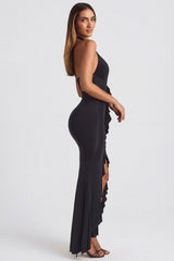 Ruffle-Trim Halterneck Gown in Black