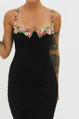Rose Garden Ruched Mesh Midi Dress Black