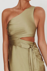 Abloom One Shoulder Satin Maxi Dress Khaki