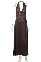 Halter Brown Lace Column Long Dress