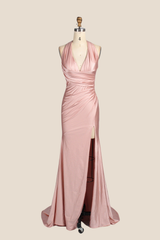 Halter Blush Pink Ruched Long Dress with Slit