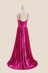 Halter Fuchsia Pleated Metallic Long Dress