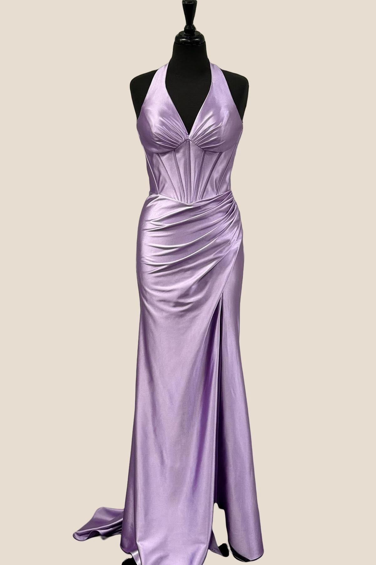 Halter Lavender Ruched Fitted Long Dress