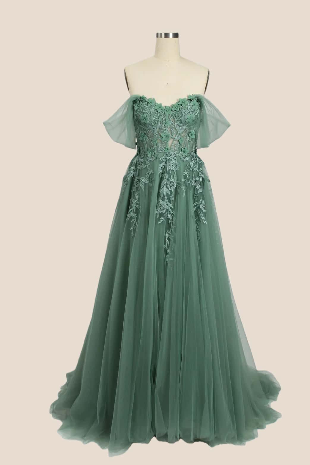 Green Floral Embroidery Strapless A-line Formal Dress