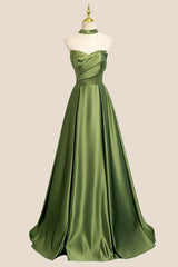 Green Satin Ruched A-line Long Formal Dress