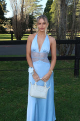 Halter Blue Sheer Plunge Long Maxi Dress