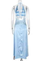 Halter Blue Sheer Plunge Long Maxi Dress