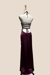Halter Grape Satin Fitted Long Formal Dress