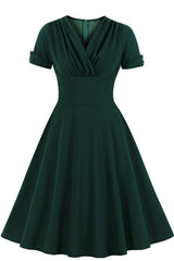 Green V Neck A-line Short Dress with Short Sleeves