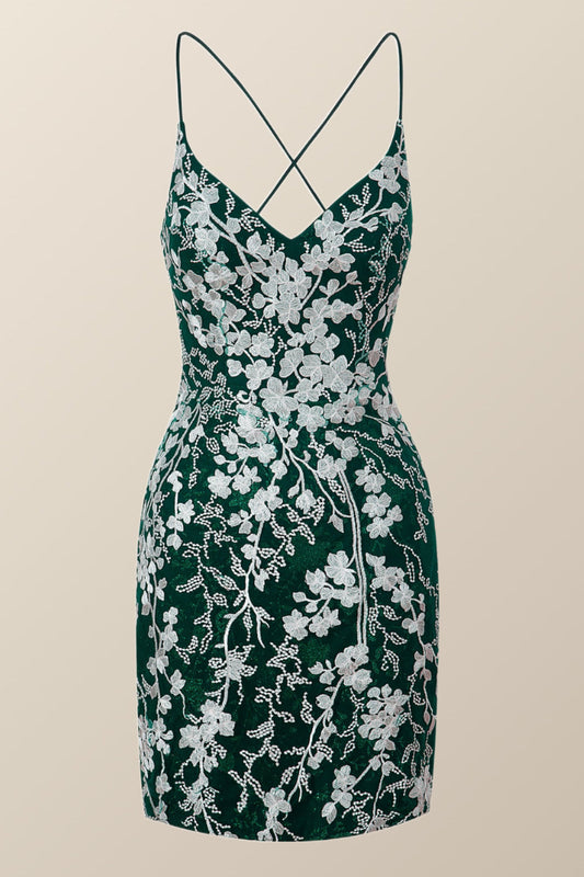 Green and White Floral Tight Mini Dress
