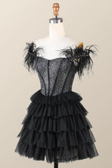 Feather Off the Shoulder Beaded Black Tiered Short Dress