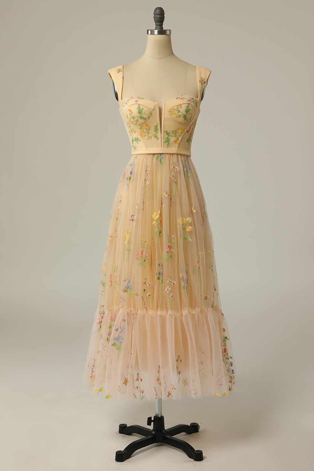 Green Embroidered A-line Midi Dress
