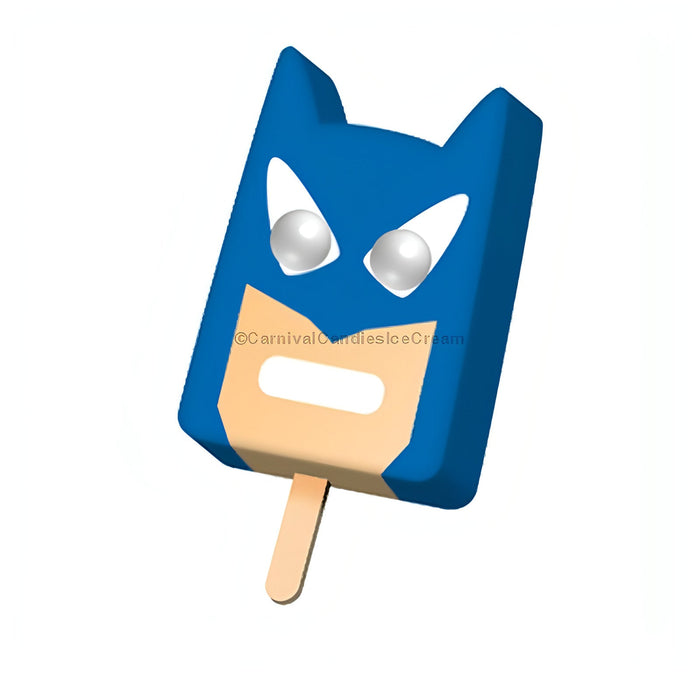 Bulk ice cream popsicle featuring Batman mask, vibrant cherry flavor with bubble gum eyes, 18 count.