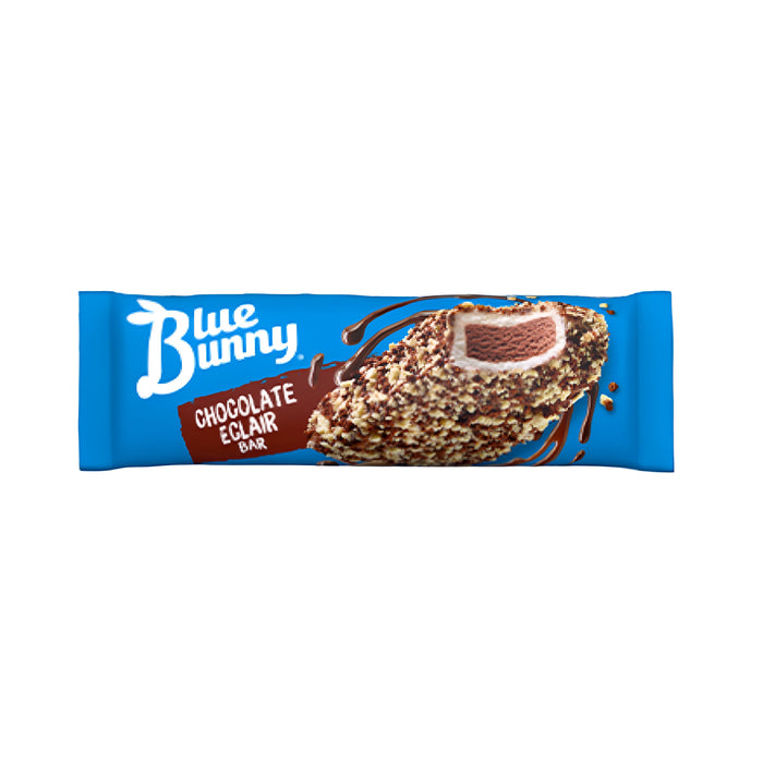 Blue Bunny Chocolate Eclair Ice Cream Bar package showcasing creamy vanilla ice cream and chocolate coating, ideal for bulk ice cream lovers.