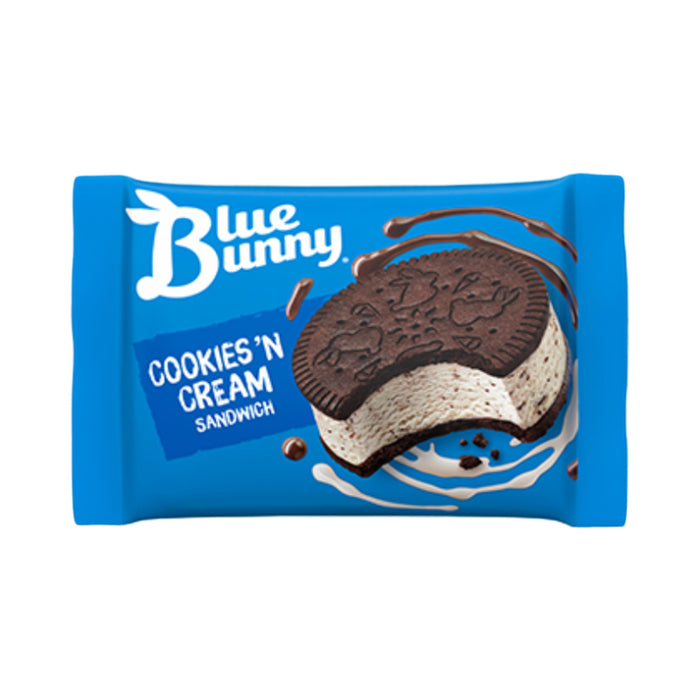 Blue Bunny Cookies & Cream Ice Cream Sandwich in packaging with chocolate cookie and vanilla ice cream, ideal for bulk ice cream lovers.
