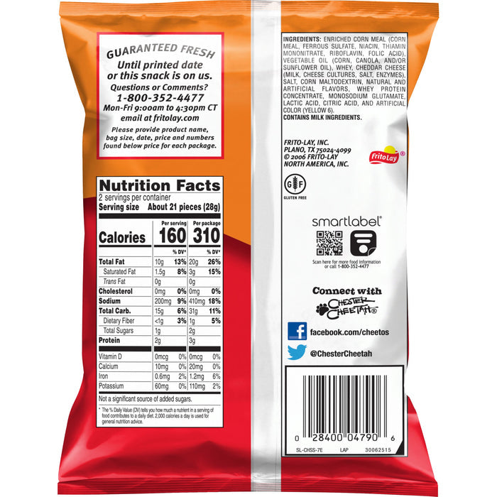 Back of Cheetos Crunchy 2 Oz bag showing nutrition facts and ingredients, Frito Lay bulk chips case.