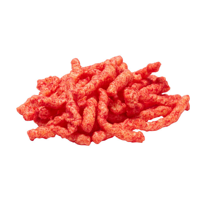 Cheetos Flamin' Hot Limón snack, crunchy corn sticks with fiery heat and zesty limón flavor in a vibrant red color.