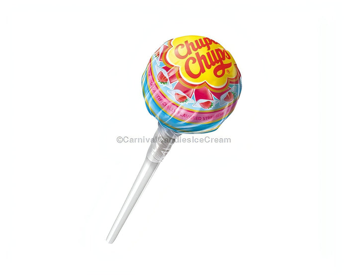 Chupa Chups Cremosa lollipop with colorful wrapper, featuring Strawberry and Mango flavors, bulk Mexican candy.