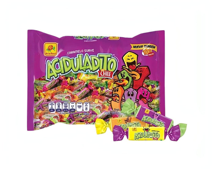De La Rosa Aciduladito bulk Mexican candy package with colorful chili-infused sour-sweet chews and individual pieces.