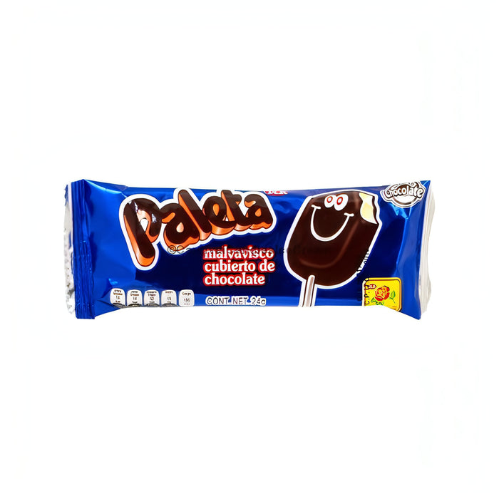 De La Rosa Paleta Chocolate Lollipops packaging featuring fluffy marshmallow and rich chocolate, perfect bulk Mexican candy.