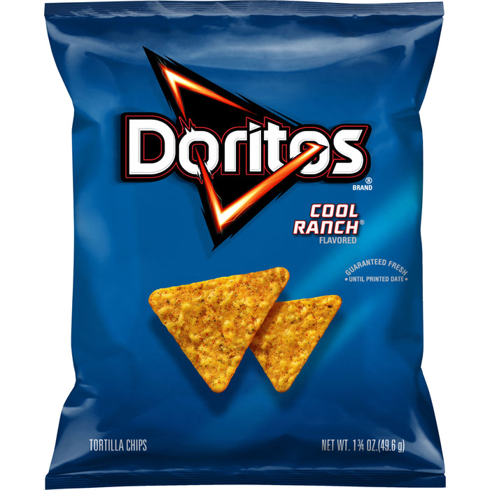 Doritos Cool Ranch tortilla chips bag featuring triangular chips, part of a bulk chips case from Frito Lay.