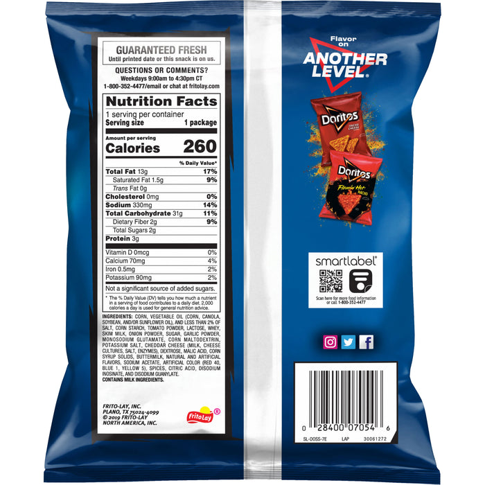 Back of Doritos Cool Ranch bag showing nutrition facts and iconic logo, part of a Frito Lay bulk chips case.