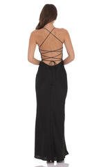 Sequin Bust Satin Maxi Dress in Black