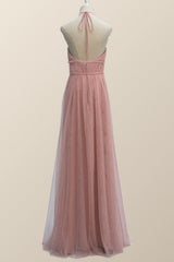 Halter Blush Pink Tulle Long Bridesmaid Dress