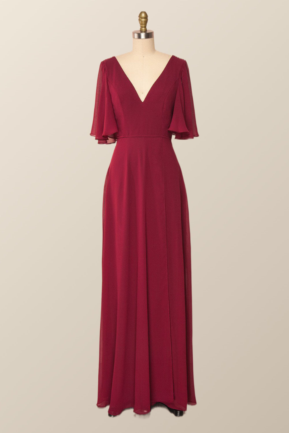 Flare Sleeves Green Chiffon Long Bridesmaid Dress