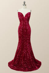 Fuchsia Sequin Strapless Mermaid Long Formal Dress