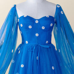 Daisy Embroiderd Blue Puffy Sleeves Mini Dress