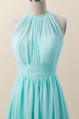 Halter Blue Chiffon Long Bridesmaid Dress