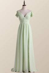 Empire Sage Green Chiffon Pleated V Neck Bridesmaid Dress